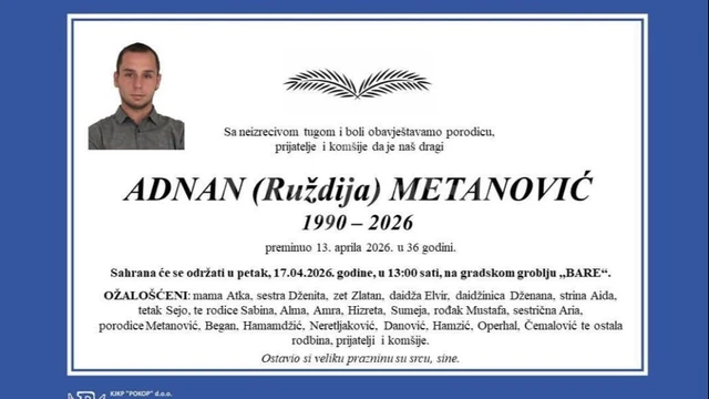 Sahrana Adnanu Metanoviću sutra na gradskom groblju Bare u Sarajevu